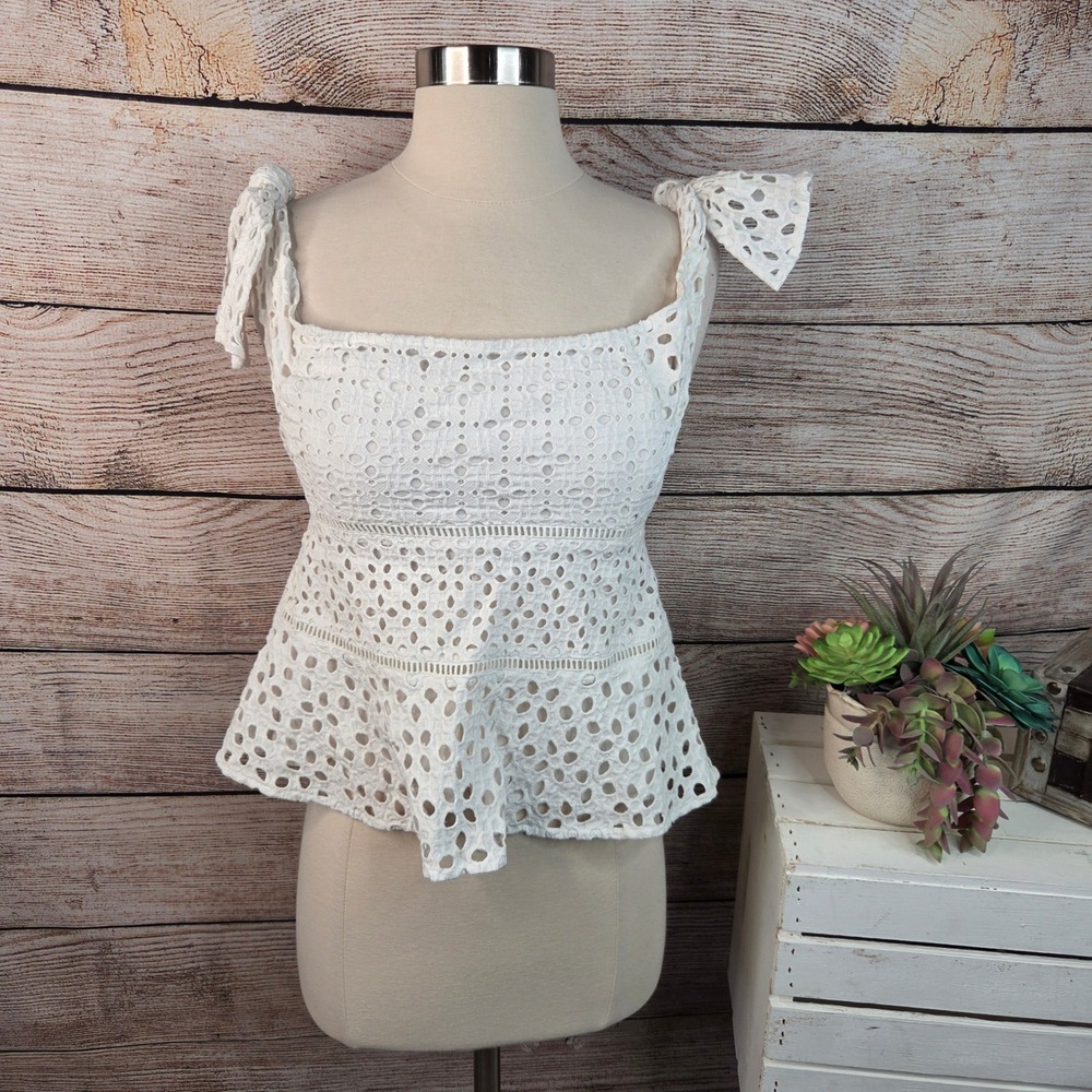 Rebecca‎ Taylor Women White Cotton Eyelet Tie Shoulder Peplum Top Size 4